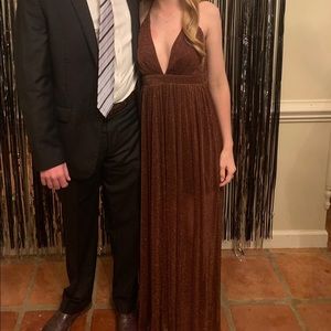 Brown Glitter Formal Dress Deep V Neckline